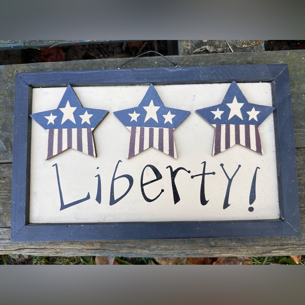 Vintage 90’s Patriotic Liberty Wooden Wall Art with Stars Reddish Blue and Cream